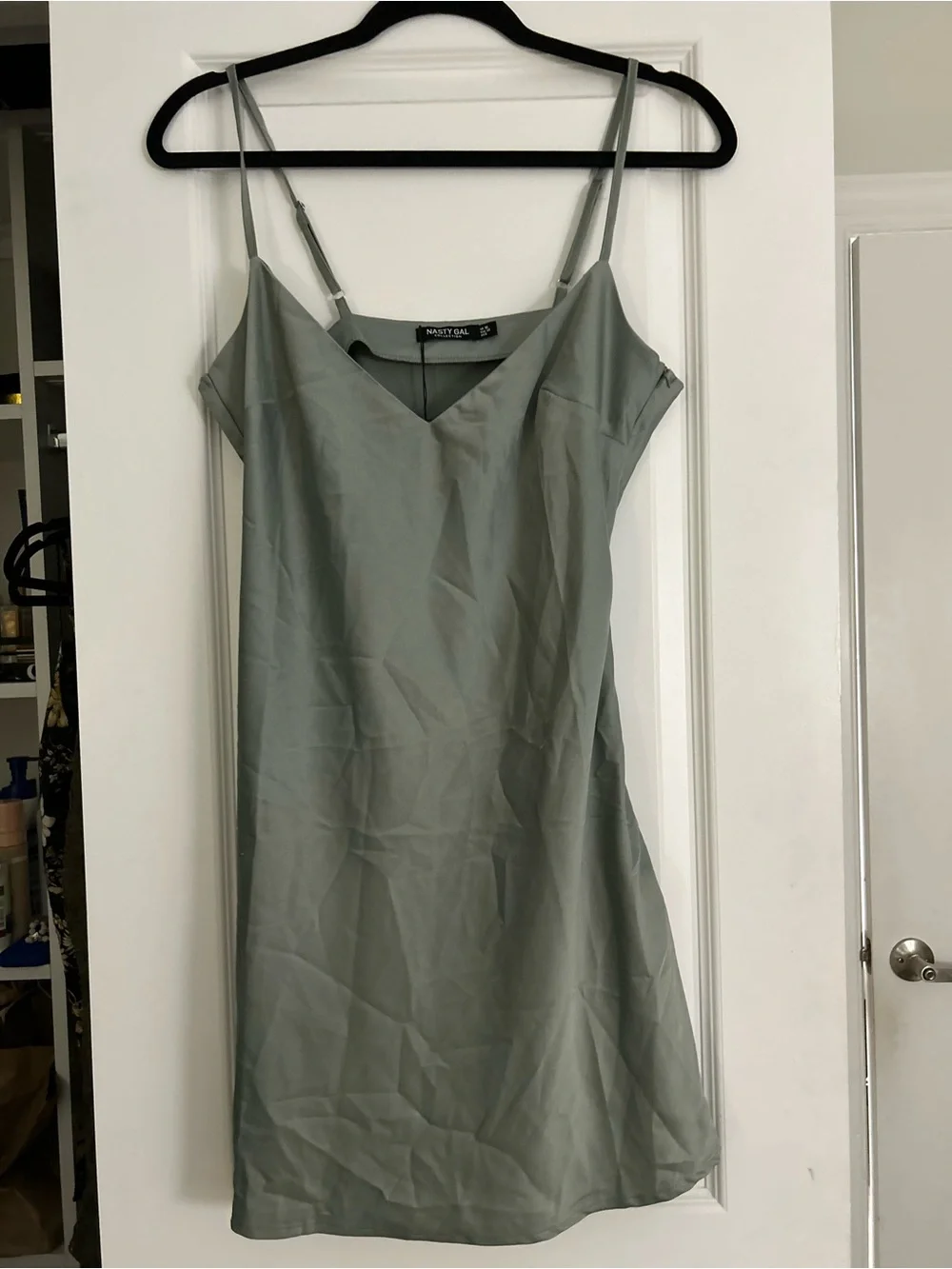 Maeve Sage Green Slip Dress with V-Neck and Spaghetti Straps